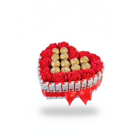 Подарунковий бокс Преміум Серце з Ferrero Rocher, Kinder Chocolate та червоними трояндами